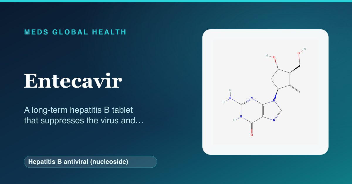 Entecavir (Hepatitis B antiviral (nucleoside)) — Meds Global Health reference card with 2D molecular structure