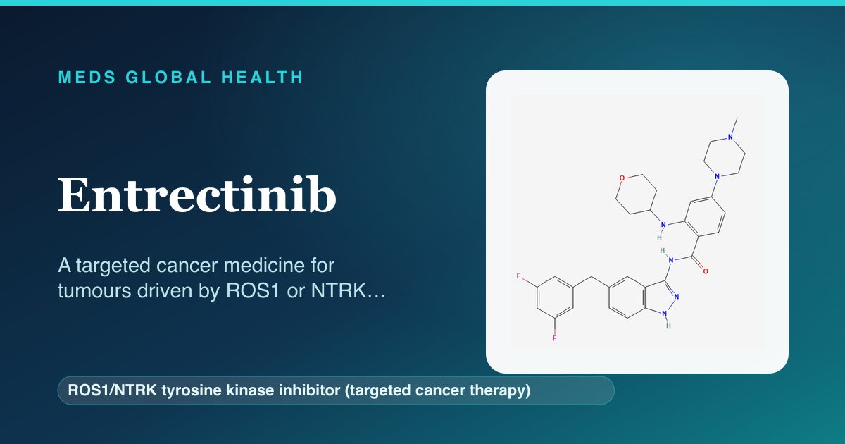 Entrectinib (ROS1/NTRK tyrosine kinase inhibitor (targeted cancer therapy)) — Meds Global Health reference card with 2D molecular structure