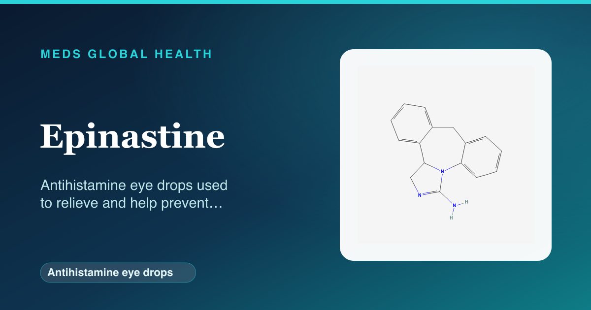 Epinastine (Antihistamine eye drops) — Meds Global Health reference card with 2D molecular structure