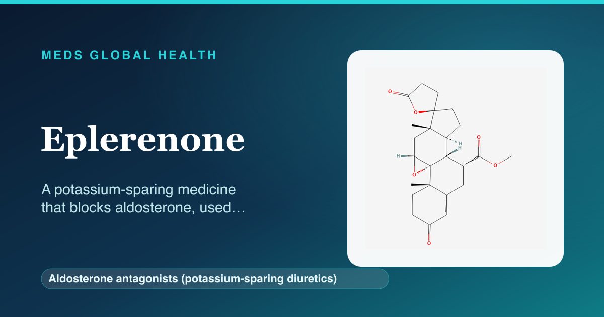 Eplerenone (Aldosterone antagonists (potassium-sparing diuretics)) — Meds Global Health reference card with 2D molecular structure
