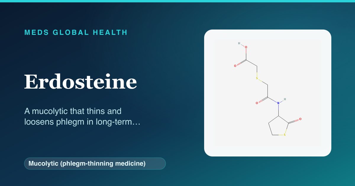 Erdosteine (Mucolytic (phlegm-thinning medicine)) — Meds Global Health reference card with 2D molecular structure