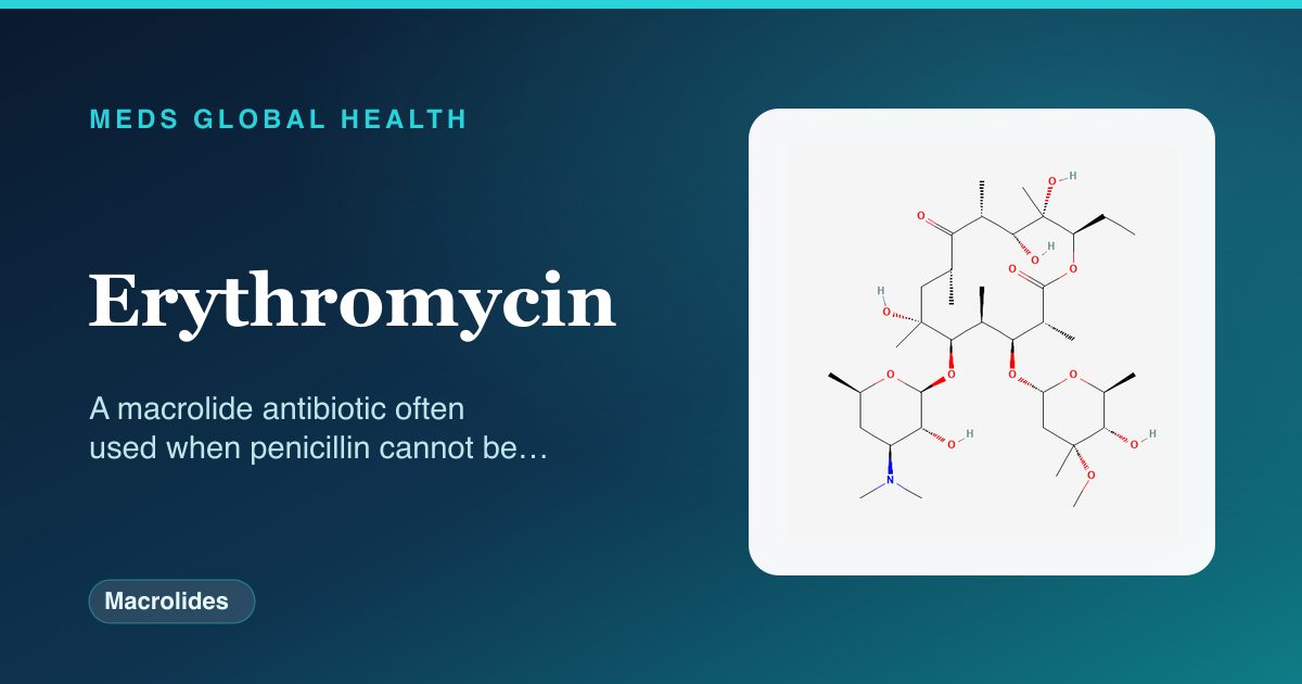 Erythromycin (Macrolides) — Meds Global Health reference card with 2D molecular structure