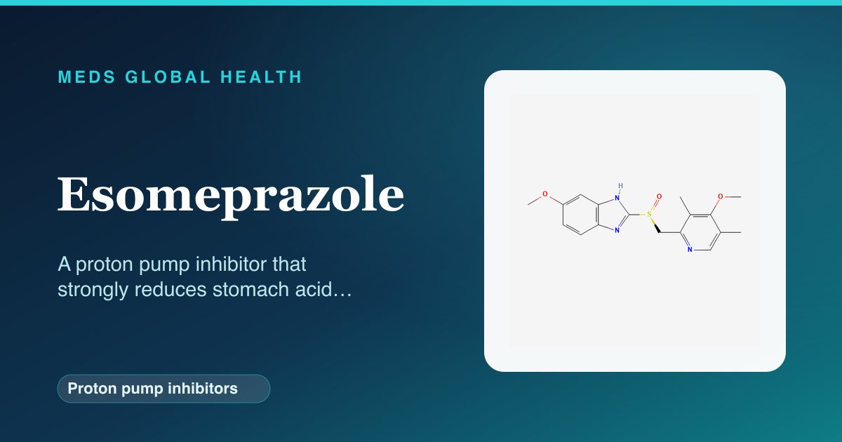 Esomeprazole (Proton pump inhibitors) — Meds Global Health reference card with 2D molecular structure