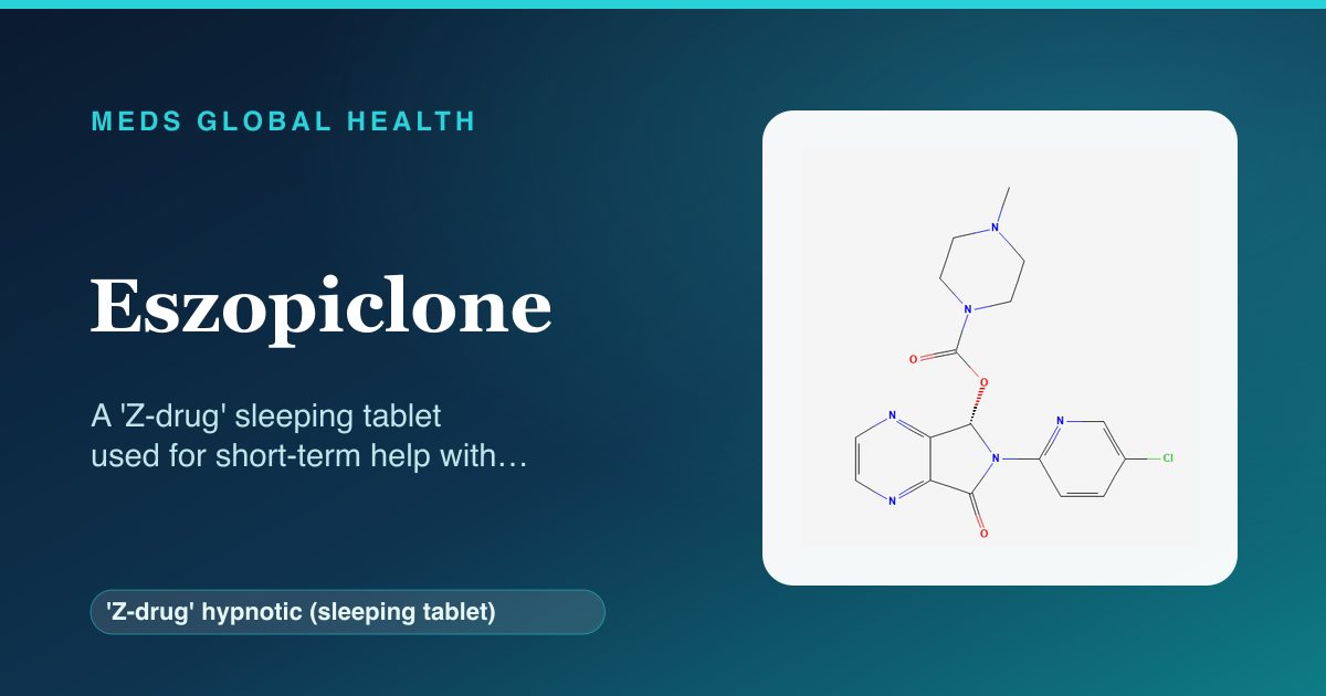 Eszopiclone ('Z-drug' hypnotic (sleeping tablet)) — Meds Global Health reference card with 2D molecular structure