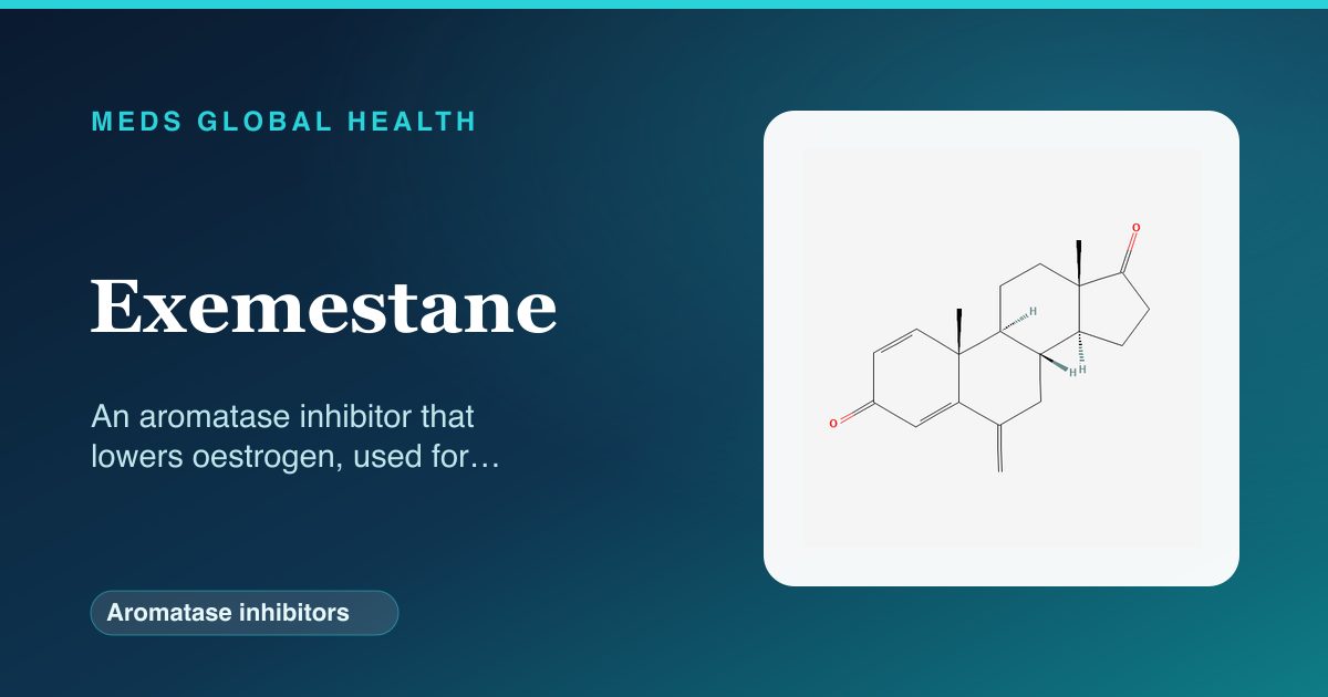 Exemestane (Aromatase inhibitors) — Meds Global Health reference card with 2D molecular structure