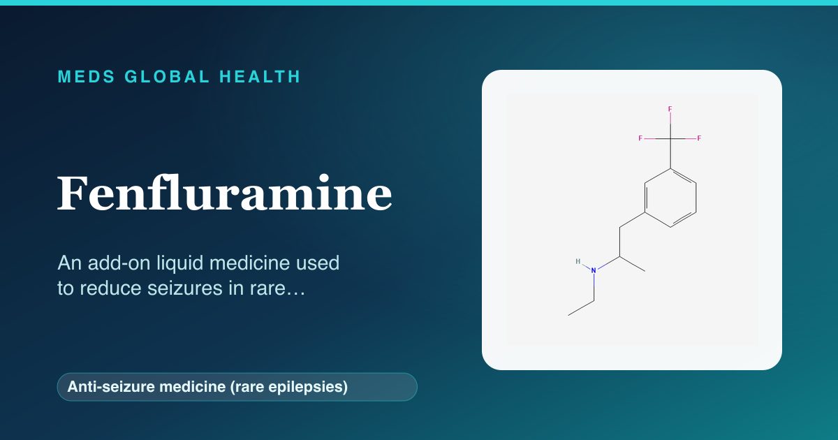 Fenfluramine (Anti-seizure medicine (rare epilepsies)) — Meds Global Health reference card with 2D molecular structure