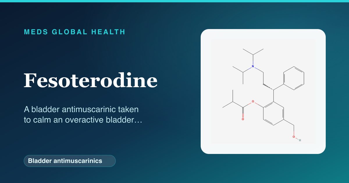 Fesoterodine (Bladder antimuscarinics) — Meds Global Health reference card with 2D molecular structure