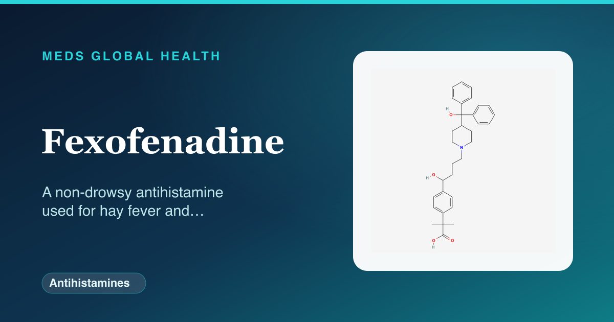 Fexofenadine (Antihistamines) — Meds Global Health reference card with 2D molecular structure