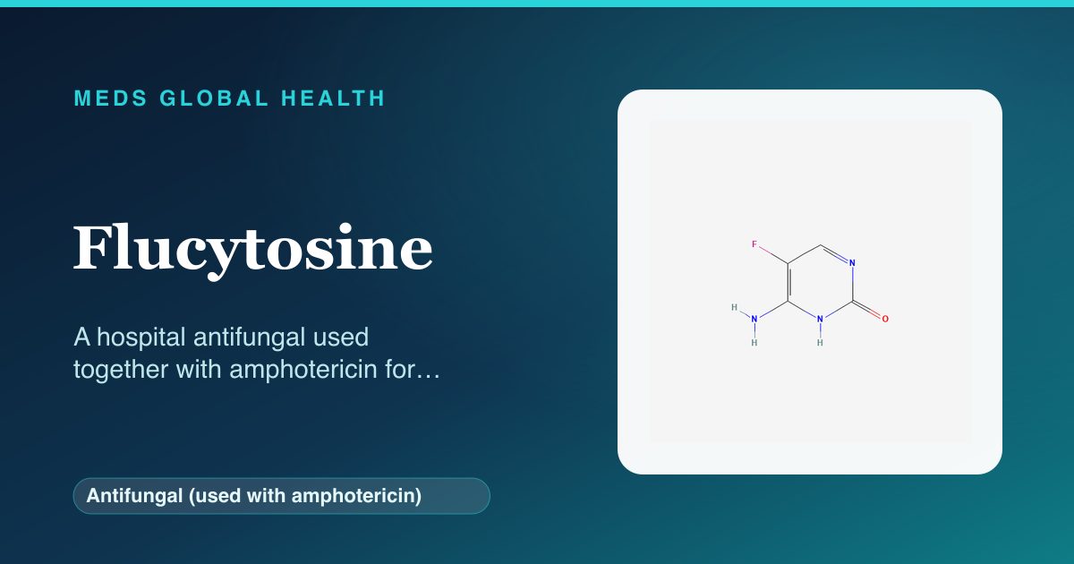 Flucytosine (Antifungal (used with amphotericin)) — Meds Global Health reference card with 2D molecular structure