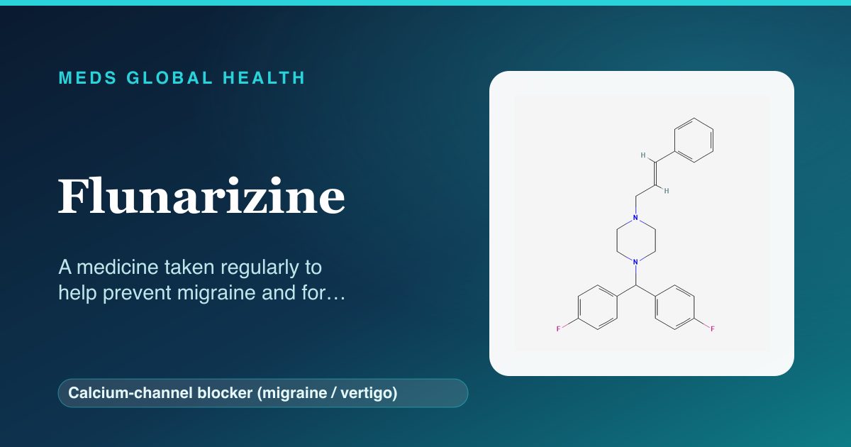 Flunarizine (Calcium-channel blocker (migraine / vertigo)) — Meds Global Health reference card with 2D molecular structure