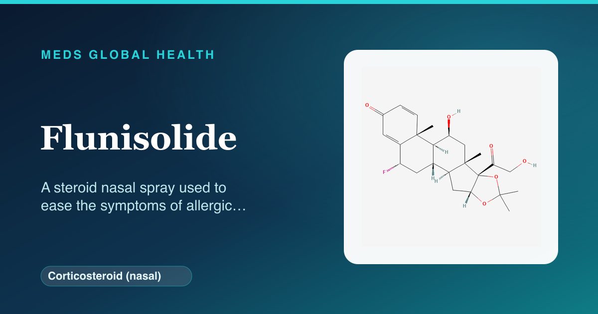 Flunisolide (Corticosteroid (nasal)) — Meds Global Health reference card with 2D molecular structure
