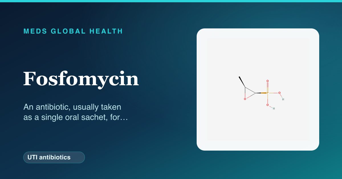 Fosfomycin (UTI antibiotics) — Meds Global Health reference card with 2D molecular structure