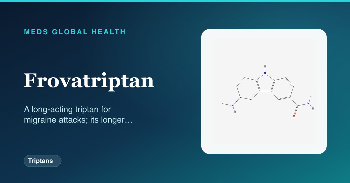Frovatriptan (Triptans) — Meds Global Health reference card with 2D molecular structure