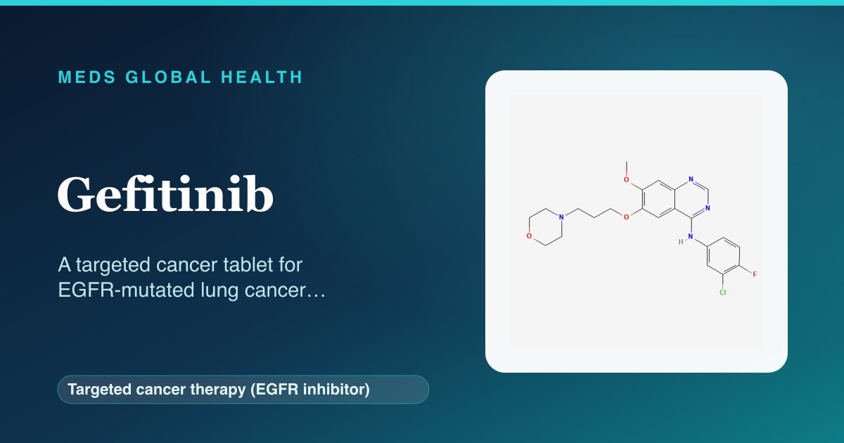 Gefitinib (Targeted cancer therapy (EGFR inhibitor)) — Meds Global Health reference card with 2D molecular structure