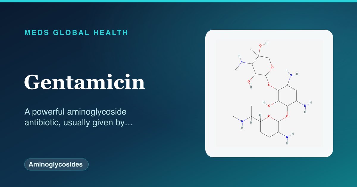 Gentamicin (Aminoglycosides) — Meds Global Health reference card with 2D molecular structure