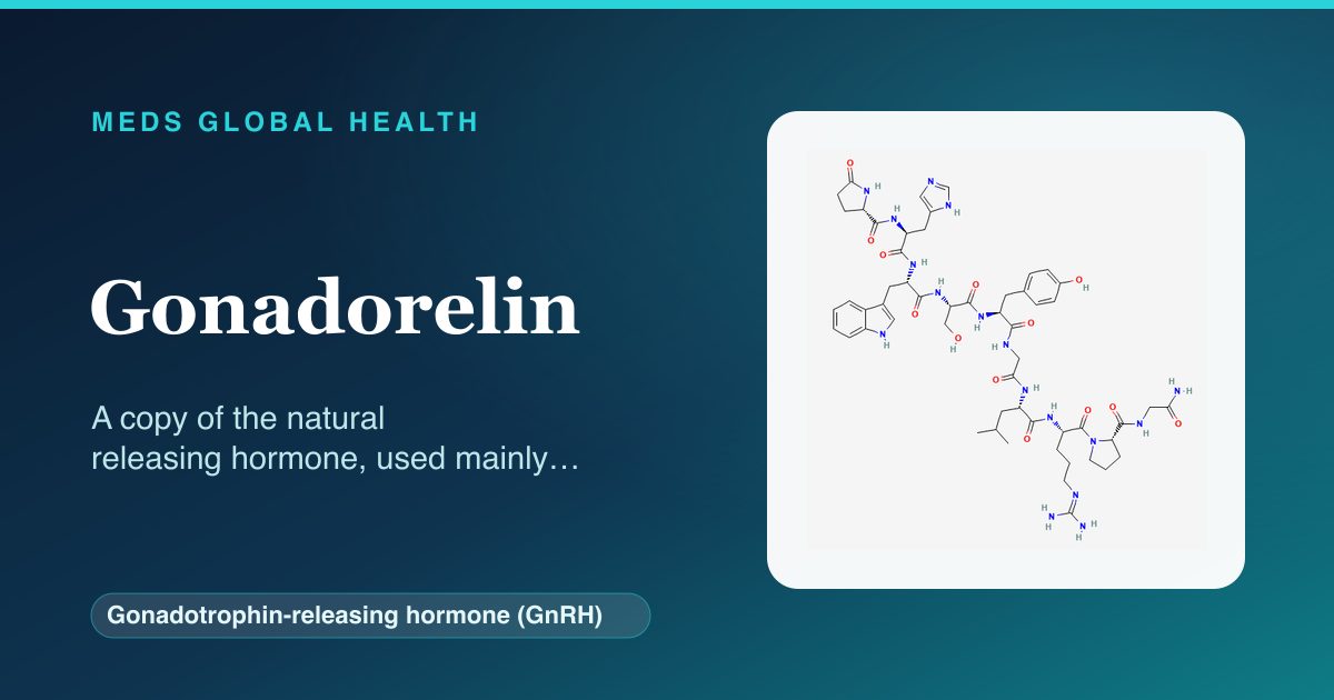 Gonadorelin (Gonadotrophin-releasing hormone (GnRH)) — Meds Global Health reference card with 2D molecular structure