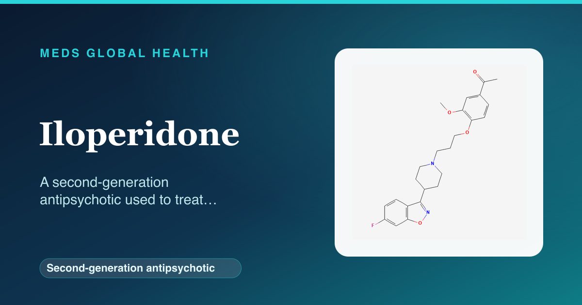 Iloperidone (Second-generation antipsychotic) — Meds Global Health reference card with 2D molecular structure