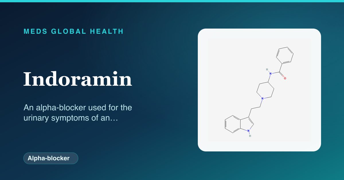 Indoramin (Alpha-blocker) — Meds Global Health reference card with 2D molecular structure