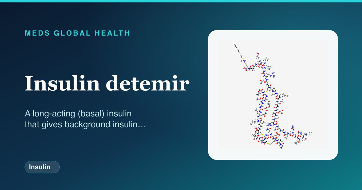 Insulin detemir (Insulin) — Meds Global Health reference card with 2D molecular structure