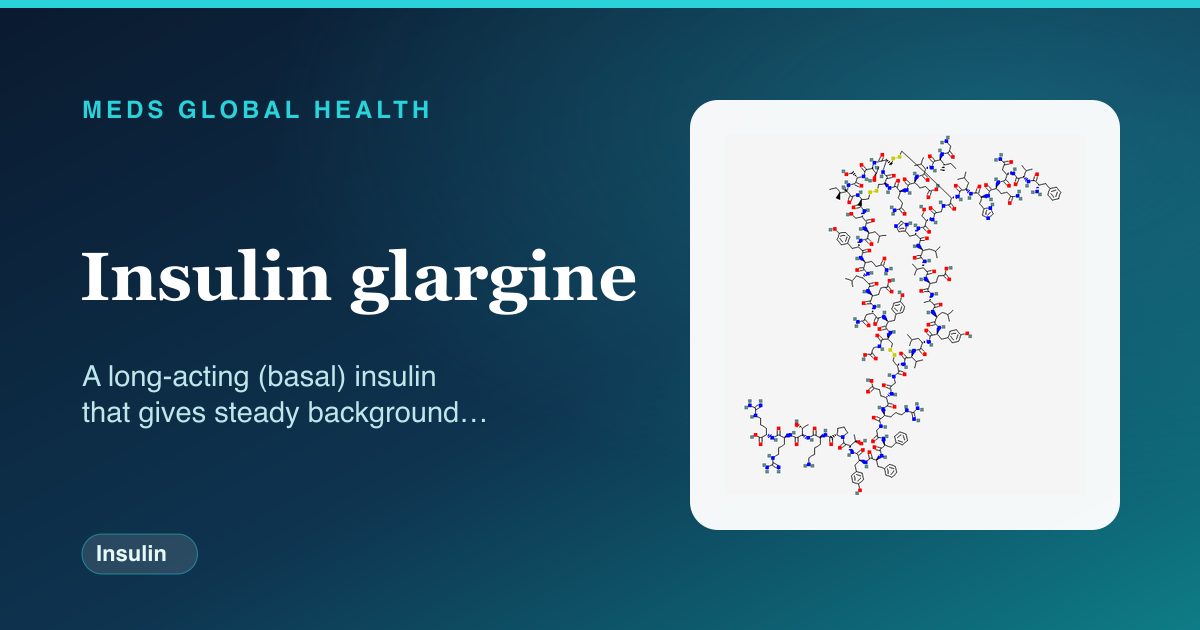 Insulin glargine (Insulin) — Meds Global Health reference card with 2D molecular structure
