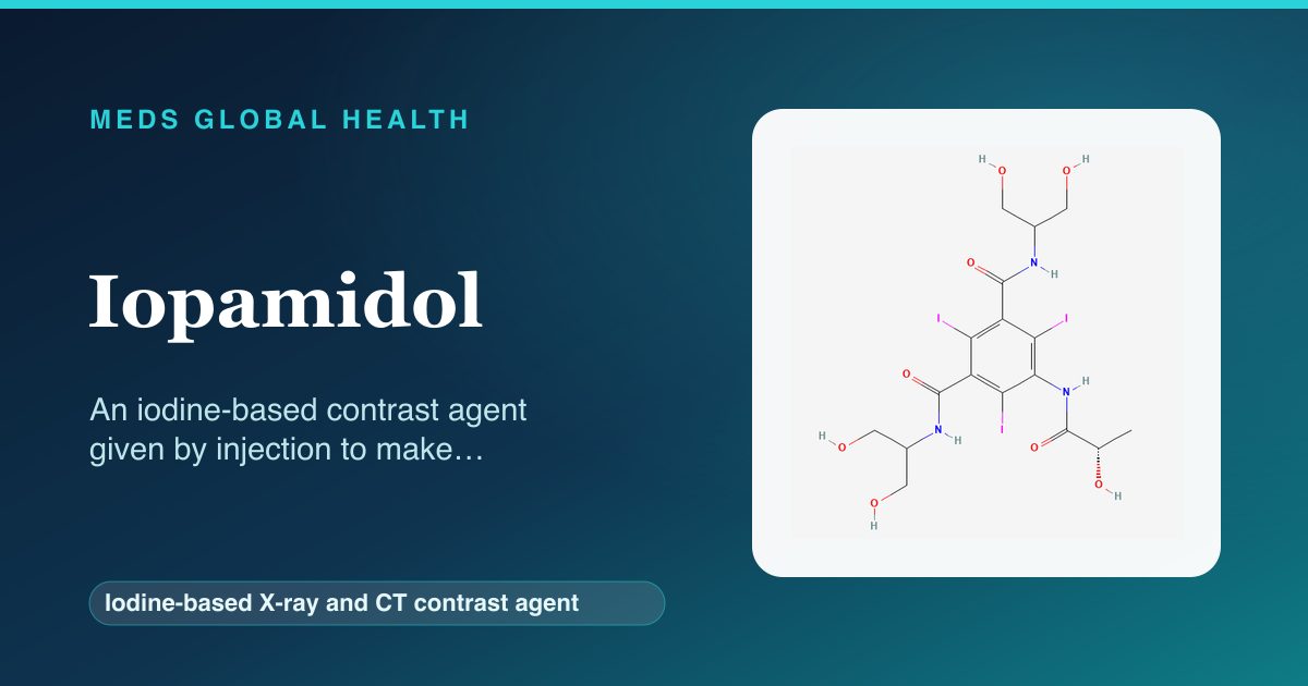 Iopamidol (Iodine-based X-ray and CT contrast agent) — Meds Global Health reference card with 2D molecular structure