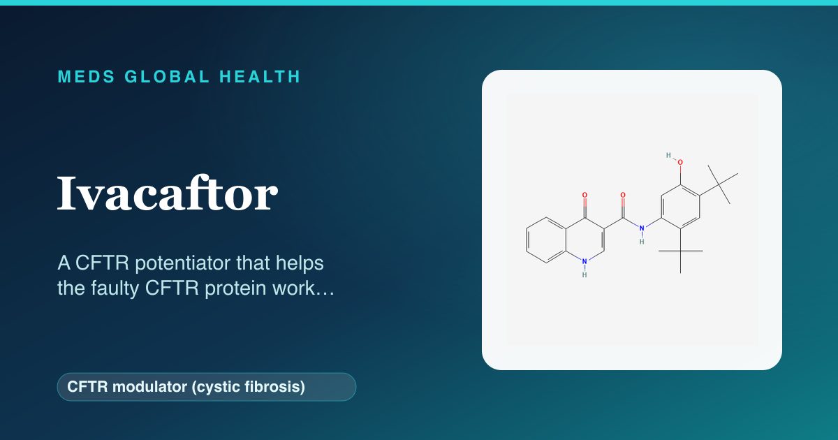 Ivacaftor (CFTR modulator (cystic fibrosis)) — Meds Global Health reference card with 2D molecular structure