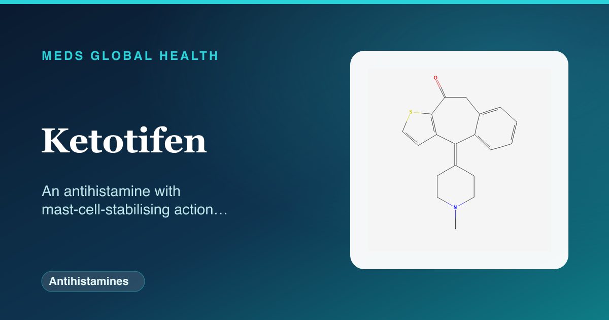 Ketotifen (Antihistamines) — Meds Global Health reference card with 2D molecular structure