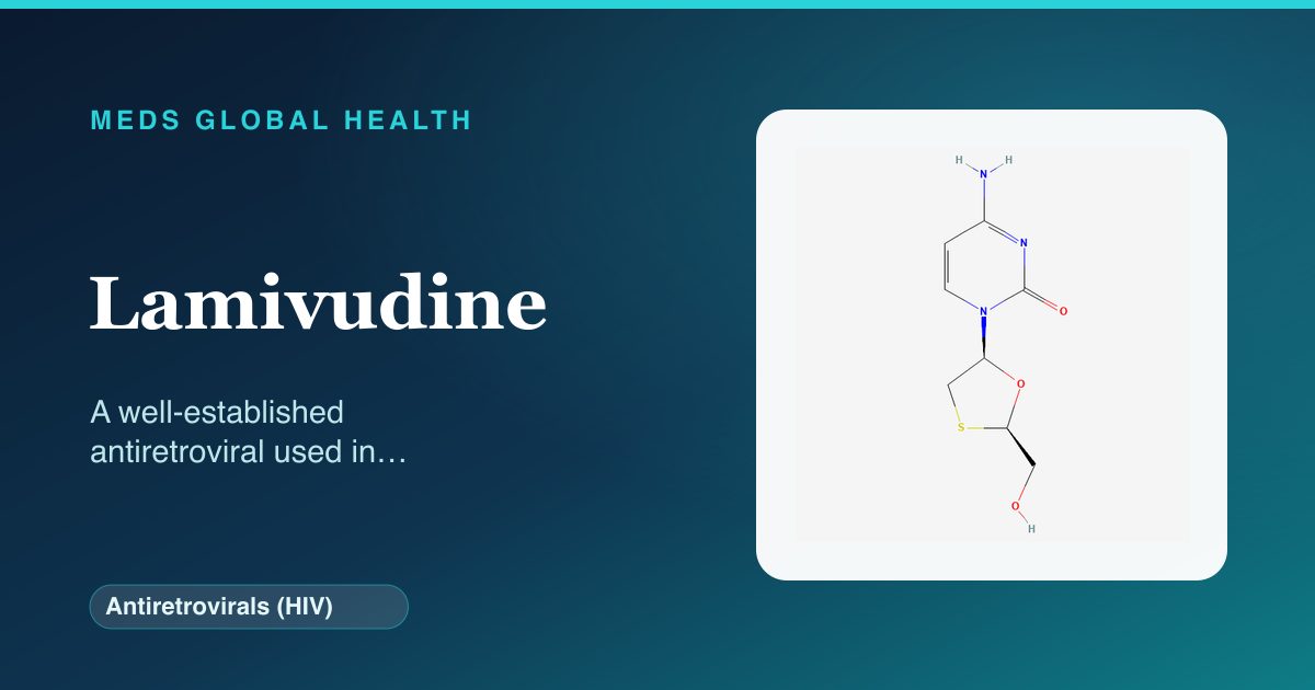 Lamivudine (Antiretrovirals (HIV)) — Meds Global Health reference card with 2D molecular structure