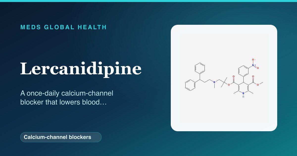 Lercanidipine (Calcium-channel blockers) — Meds Global Health reference card with 2D molecular structure