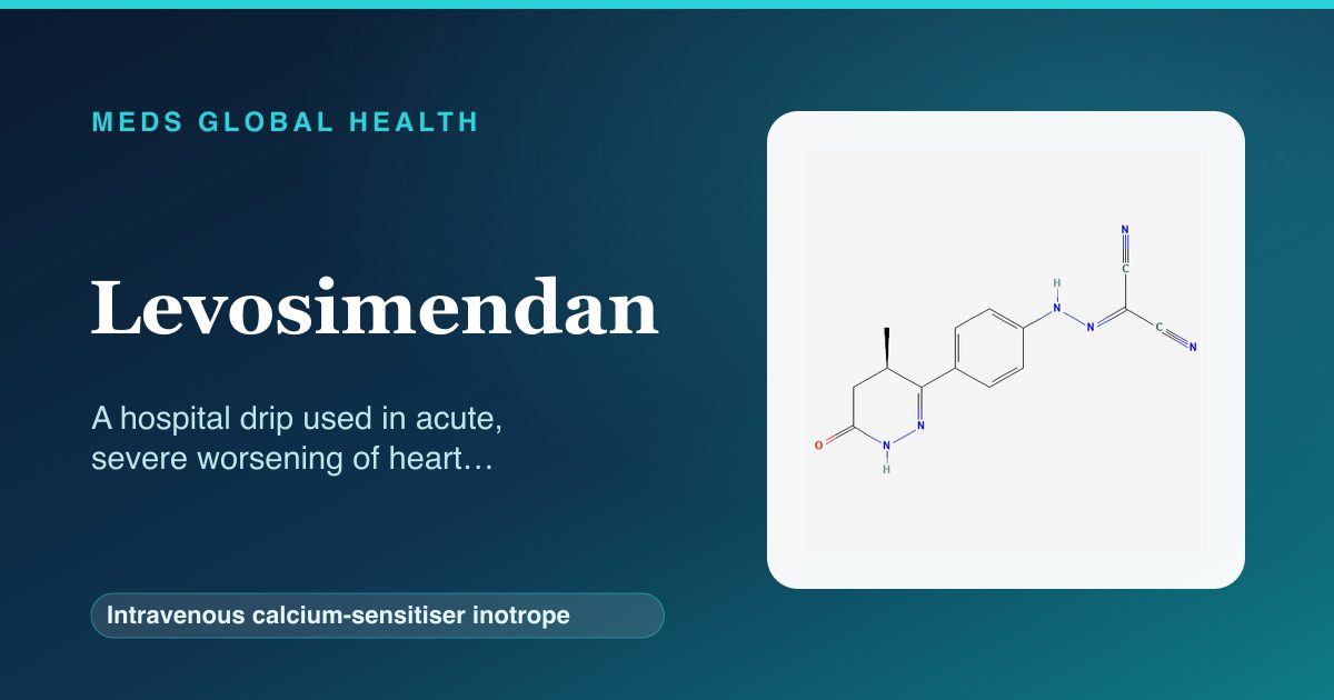 Levosimendan (Intravenous calcium-sensitiser inotrope) — Meds Global Health reference card with 2D molecular structure