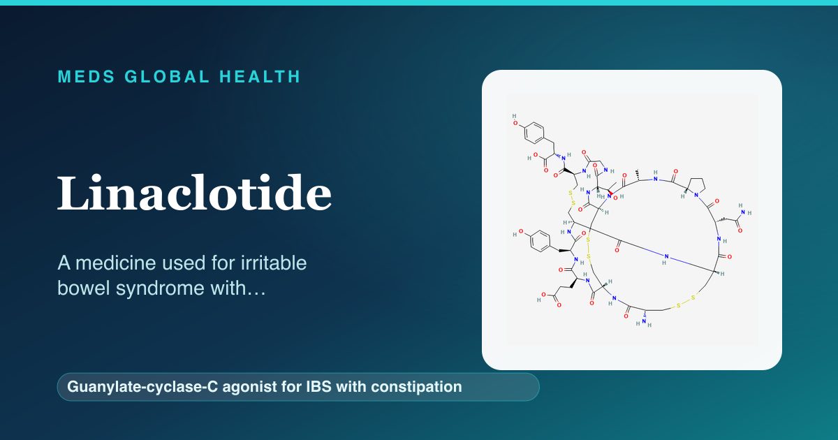 Linaclotide (Guanylate-cyclase-C agonist for IBS with constipation) — Meds Global Health reference card with 2D molecular structure