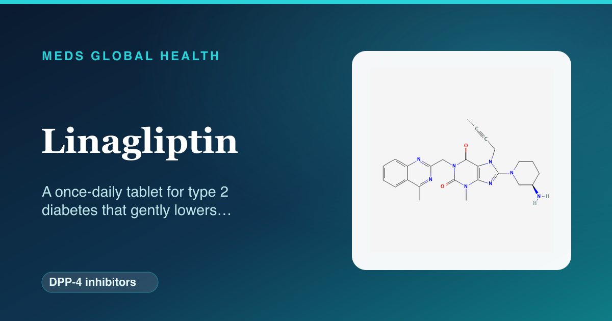 Linagliptin (DPP-4 inhibitors) — Meds Global Health reference card with 2D molecular structure