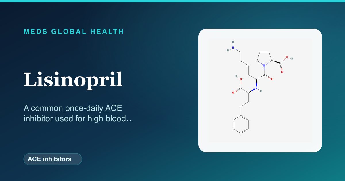 Lisinopril (ACE inhibitors) — Meds Global Health reference card with 2D molecular structure
