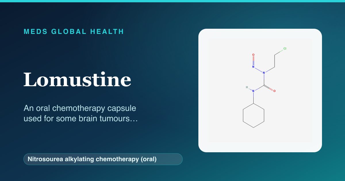 Lomustine (Nitrosourea alkylating chemotherapy (oral)) — Meds Global Health reference card with 2D molecular structure
