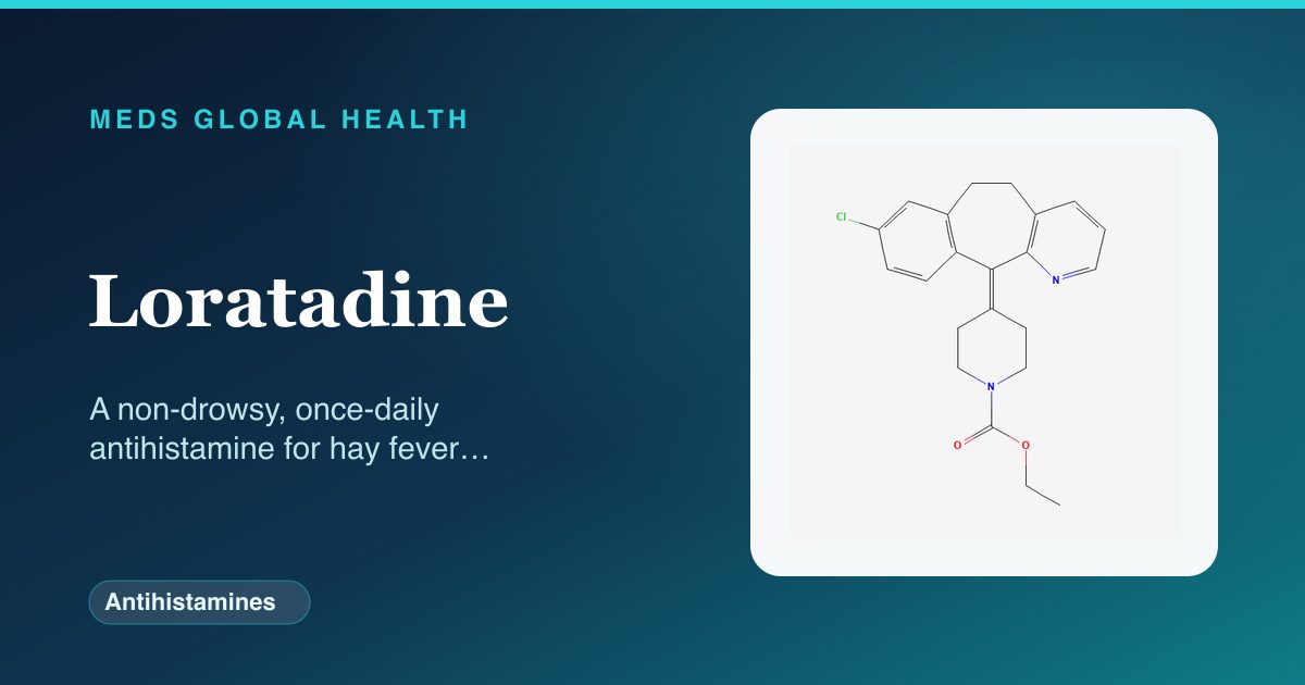 Loratadine (Antihistamines) — Meds Global Health reference card with 2D molecular structure