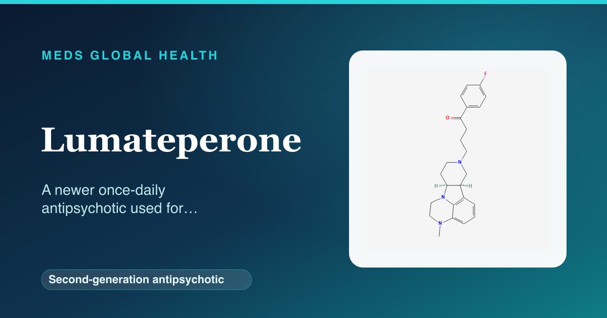 Lumateperone (Second-generation antipsychotic) — Meds Global Health reference card with 2D molecular structure