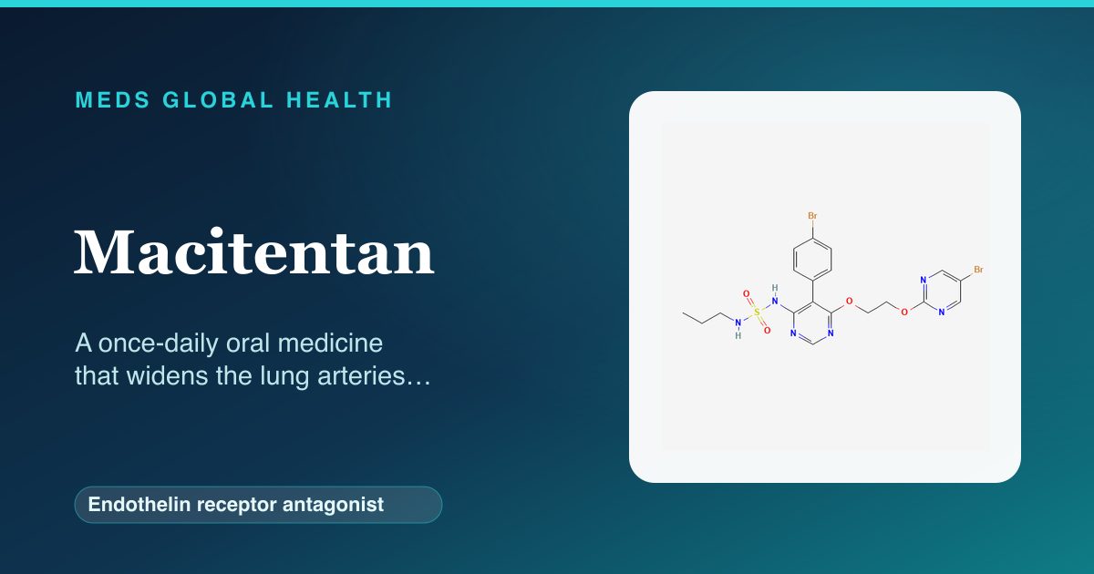 Macitentan (Endothelin receptor antagonist) — Meds Global Health reference card with 2D molecular structure