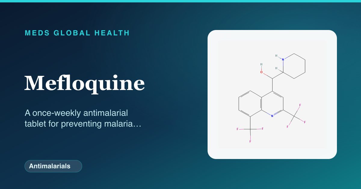 Mefloquine (Antimalarials) — Meds Global Health reference card with 2D molecular structure
