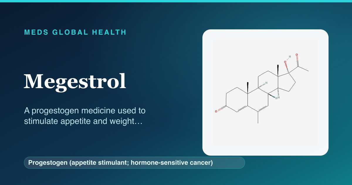 Megestrol (Progestogen (appetite stimulant; hormone-sensitive cancer)) — Meds Global Health reference card with 2D molecular structure