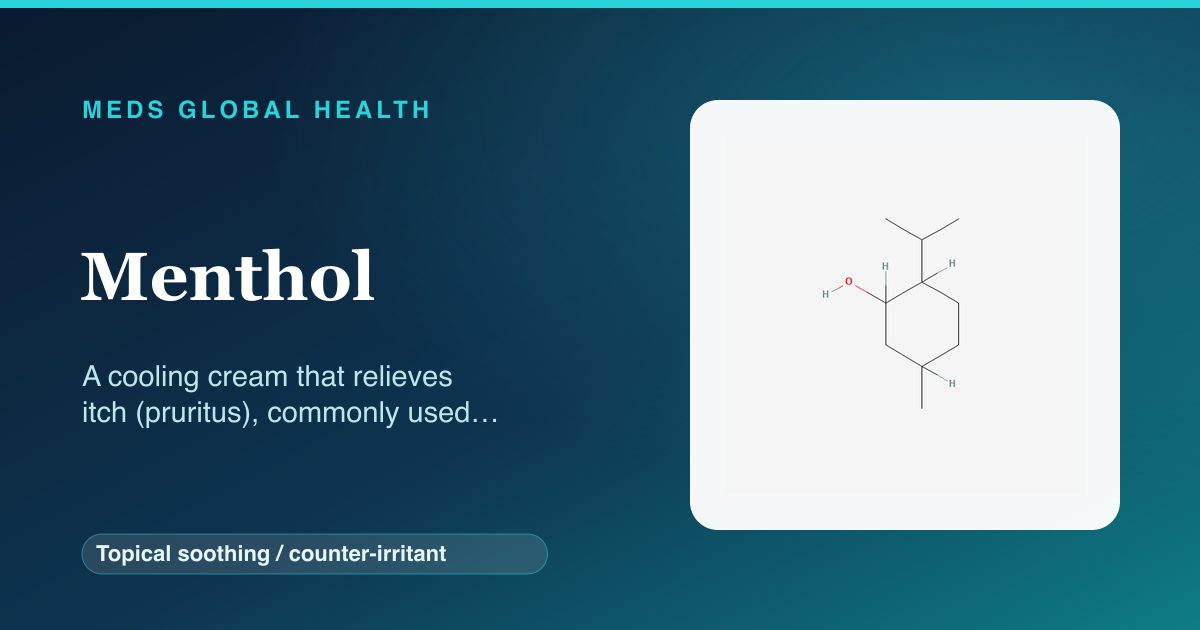 Menthol (Topical soothing / counter-irritant) — Meds Global Health reference card with 2D molecular structure