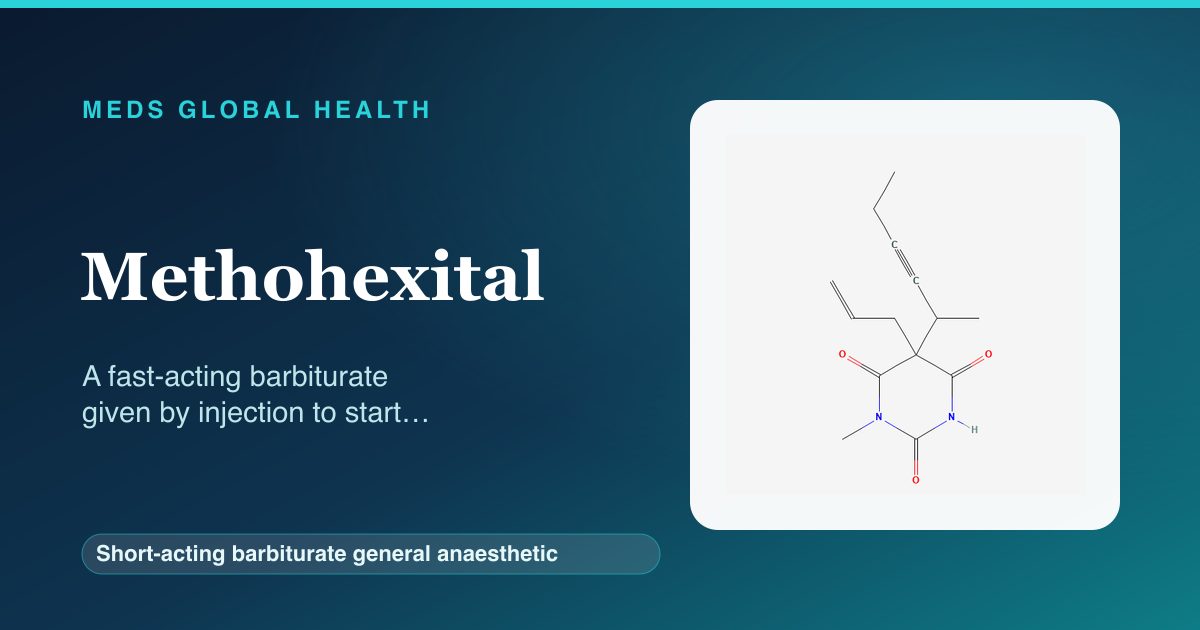 Methohexital (Short-acting barbiturate general anaesthetic) — Meds Global Health reference card with 2D molecular structure