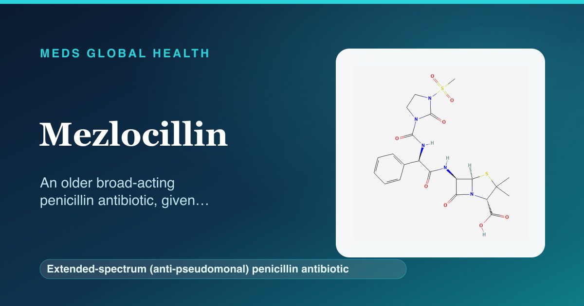 Mezlocillin (Extended-spectrum (anti-pseudomonal) penicillin antibiotic) — Meds Global Health reference card with 2D molecular structure