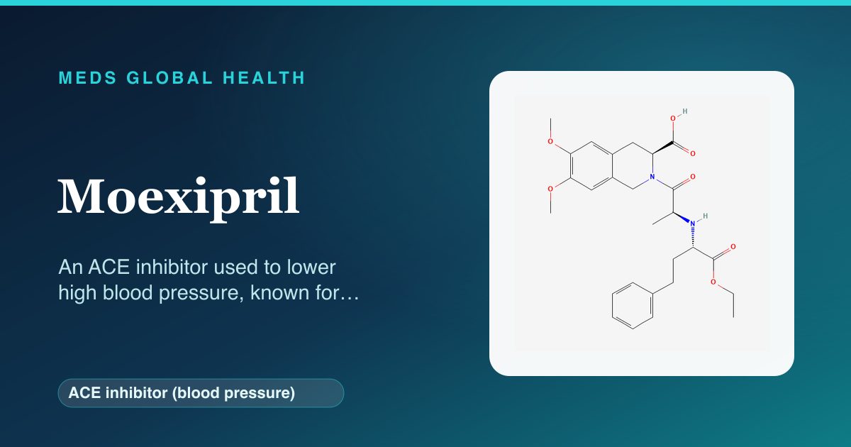 Moexipril (ACE inhibitor (blood pressure)) — Meds Global Health reference card with 2D molecular structure
