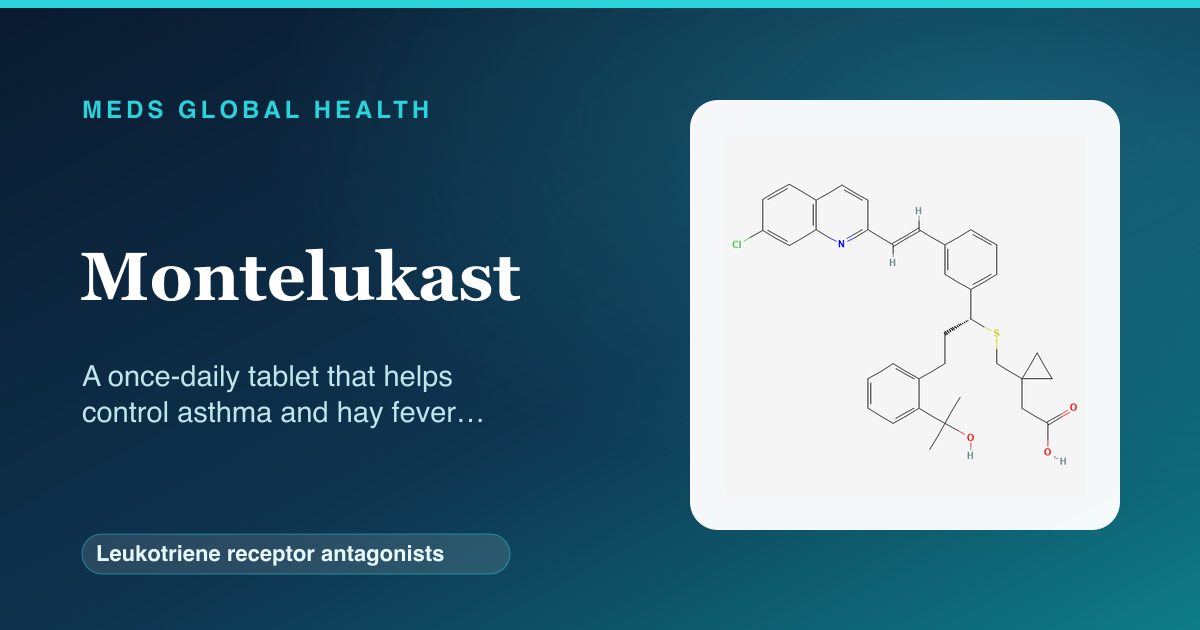 Montelukast (Leukotriene receptor antagonists) — Meds Global Health reference card with 2D molecular structure