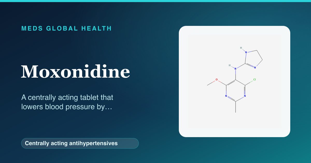 Moxonidine (Centrally acting antihypertensives) — Meds Global Health reference card with 2D molecular structure