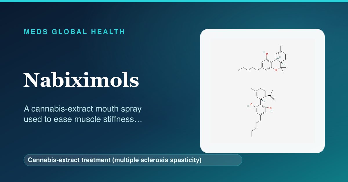 Nabiximols (Cannabis-extract treatment (multiple sclerosis spasticity)) — Meds Global Health reference card with 2D molecular structure