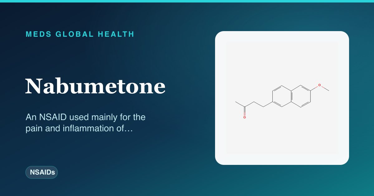 Nabumetone (NSAIDs) — Meds Global Health reference card with 2D molecular structure