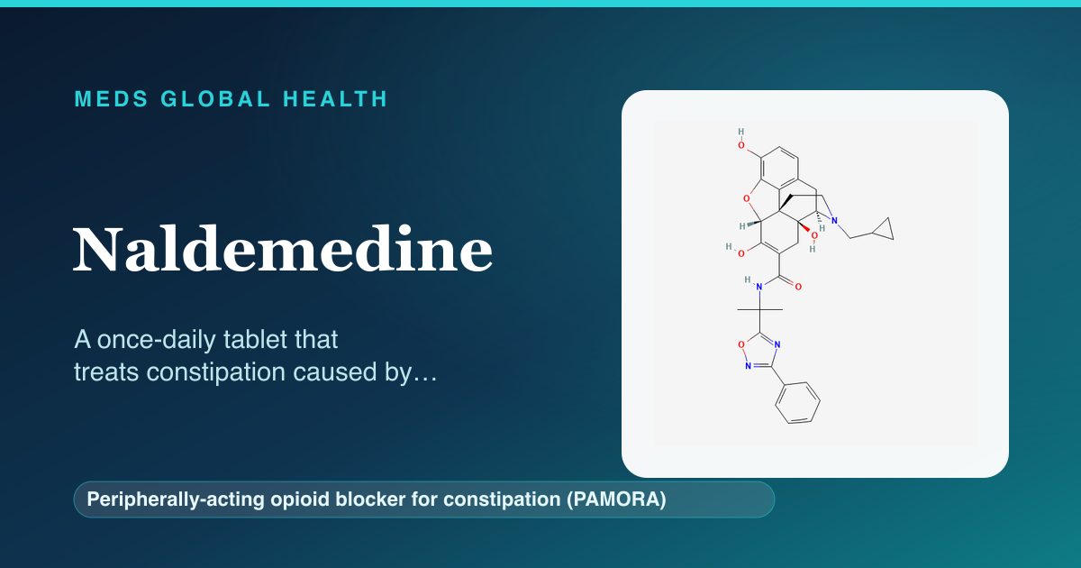 Naldemedine (Peripherally-acting opioid blocker for constipation (PAMORA)) — Meds Global Health reference card with 2D molecular structure