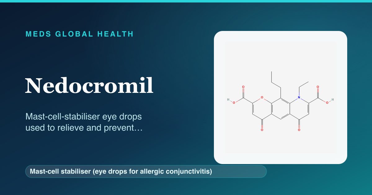 Nedocromil (Mast-cell stabiliser (eye drops for allergic conjunctivitis)) — Meds Global Health reference card with 2D molecular structure