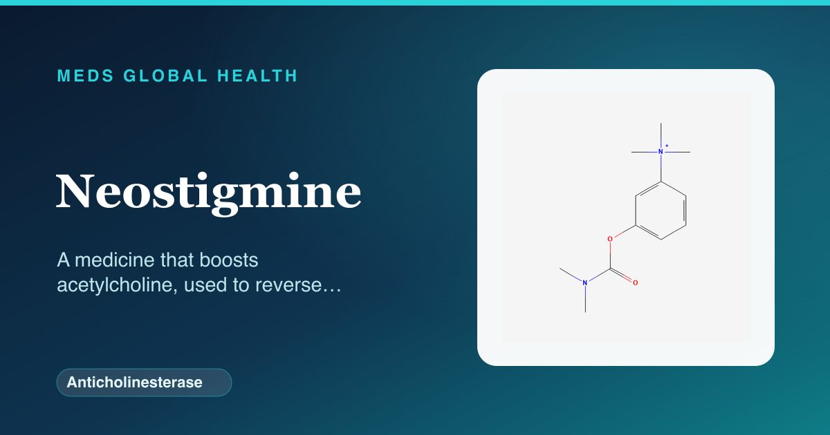 Neostigmine (Anticholinesterase) — Meds Global Health reference card with 2D molecular structure